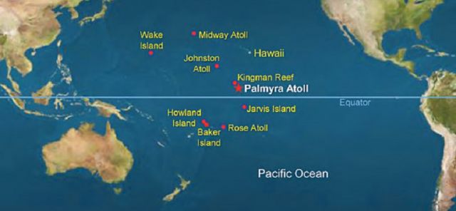 Map of Pacific Ocean with the location of Palmyra Atoll